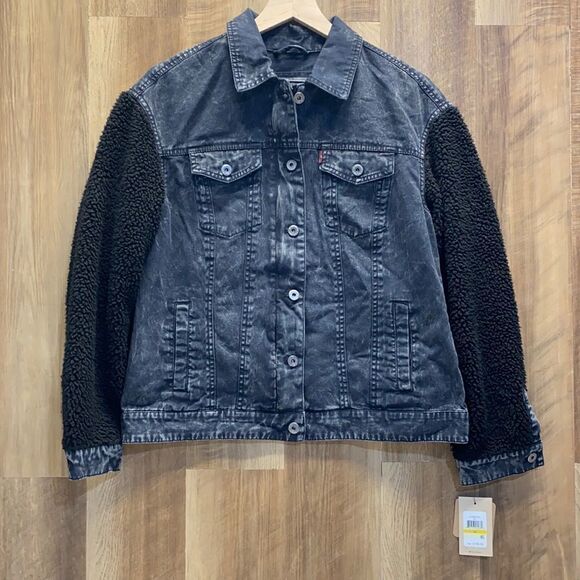 LEVIS - Black Jean Jacket with Sherpa Sleeves - Picture 1 of 5